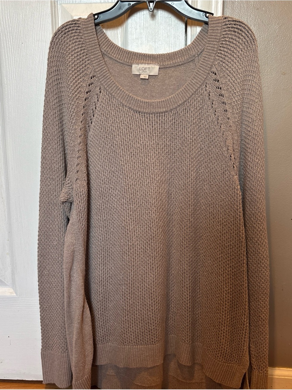 LOFT Taupe Crochet Knit Crewneck Sweater Size Large